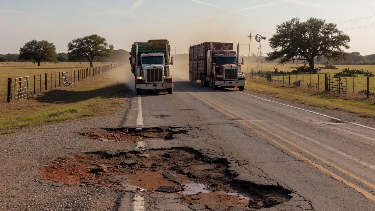 Farm-to-market road with potholes and semi-trucks